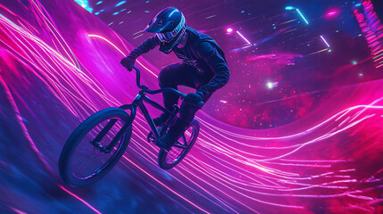 Fototapeta premium BMX Bike Rider Hovering in Mid-Air Above a Ramp, Surrounded by Neon Trails and Motion Lines 