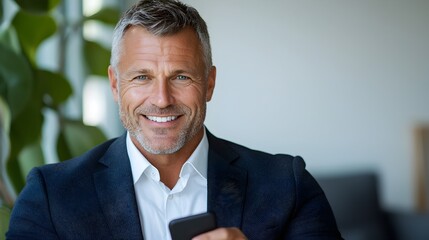 Cheerful Middle aged Corporate Professional Holding Mobile Phone with a Friendly Smile on a White Background