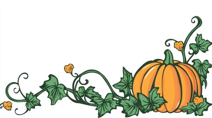 Naklejka premium Hand-Drawn Pumpkin with Green Vines in Cartoon Style