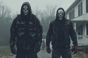 Halloween background guys in skeleton costumes on the gloomy street.