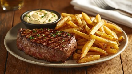 Juicy Steak with Golden Frites on a Rustic Plate