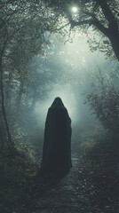 Mysterious Cloaked Figure in Shadowy Forest