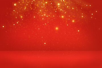 Red soft focus background with gold bokeh lights and sparkles. Abstract festive backdrop for...