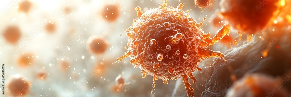 Poster Detailed microscopic view of a dangerous coronavirus,shown in vibrant orange tones against a blurred background. This image captures the intricate and complex structure of the pathogen.