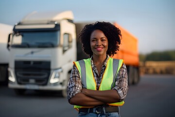 Smiling Black middle aged female truck driver standing in a work vest near trucks in the background
