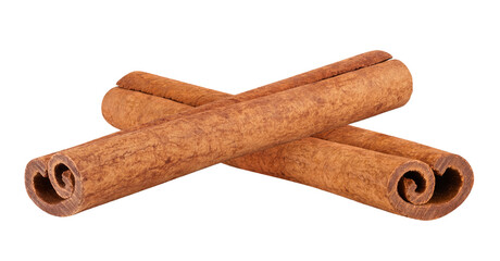 Two cinnamon sticks isolated on a white background. Fragrant and aromatic spice, perfect for baking and cooking.