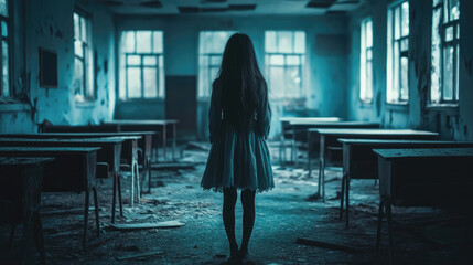 Haunted ghost girl with an unsettling expression and ghostly features, drifting through a dark, abandoned school with broken desks and an eerie vibe.