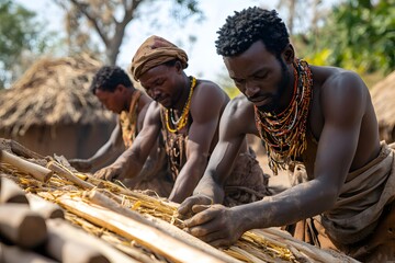 African tribe men working together crafting traditional huts with straw