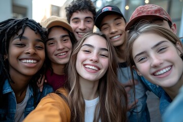 Fototapeta premium Diverse group of happy young friends taking a selfie outdoors