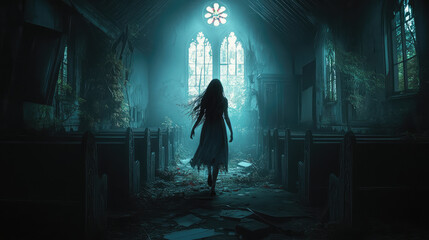 Haunted ghost girl with a disheveled appearance and a ghostly glow, emerging from a dark, dilapidated church with shattered stained glass and an eerie feeling.