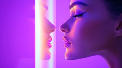 Obraz premium Woman reflecting on an advertisement, purple gradient background, modern art style, muted tones, soft light, close-up, deep contemplation, digital artwork