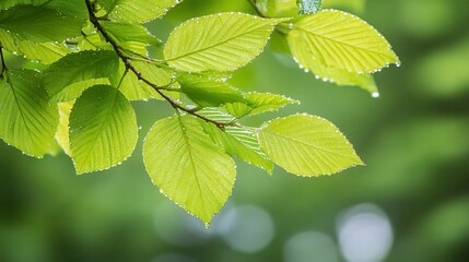 Fototapeta na wymiar Fresh green leaves with water droplets after rain.