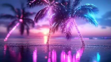 Close-up of palm trees in silhouette, glowing holographic sunset, futuristic colors, iridescent sky, sci-fi aesthetic, digital rendering