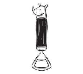 Hand Drawn Bottle Opener with rhinoceros Illustration. Tourist corkscrew Vector illustration in linear drawing style for adventure or camping on isolated background. for tourism trip or hiking.