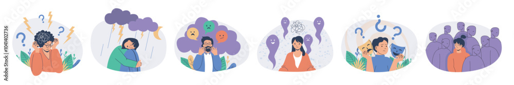 Poster mental health problem concept set with characters in flat design for web. people feeling negative em