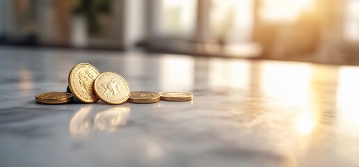 Golden coins on a marble surface with blurred background.