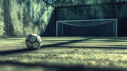 soccer ball on a rough urban field with goal in the background