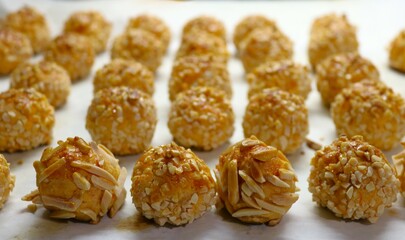 Panellets caseros de almendra. Bandeja de un dulce típico Catalán