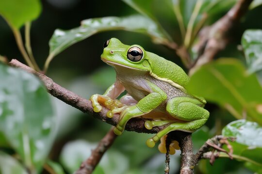 Agile tree frog blending into leaves and branches. 