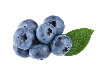Fresh blueberry with green leaves, isolated on white background. Bilberry or whortleberry berries. Clipping path.