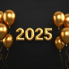Gold 2025 numbers with golden balloons on a black background. Ideal for New Year’s event promotions, holiday cards, or celebratory party invitations for festive New Year celebrations and gatherings.