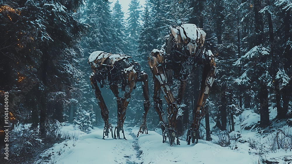 Poster a mystical encounter in the snowy forest mechanical beasts roaming amongst ancient trees in a winter