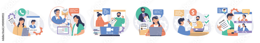 Poster Online job interview concept set with characters in flat design for web. People searching new employee, interviewing candidates by video call, selecting resumes and hiring. Vector illustrations.