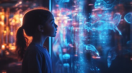 Naklejka premium Astonished Young Girl in a Modern Zoo Surrounded by Holographic Creatures Gentle Illumination Enhancing the Experience of Future Wildlife