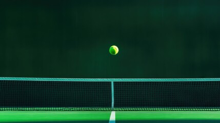 tennis ball hovering over the net in a dimly lit court