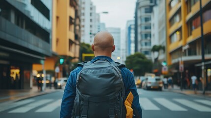 Fototapeta premium A bald hipster tourist with a backpack strolls down a city street seen from behind