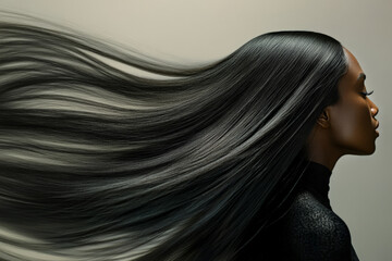 Fototapeta premium A senior African American female model with long, straight, shiny hair flowing gracefully behind her as she moves. The smooth texture of her hair captures the light, adding brilliance to the scene.