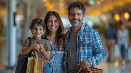 Fototapeta premium A happy family shopping together in a mall, enjoying quality time and bonding.