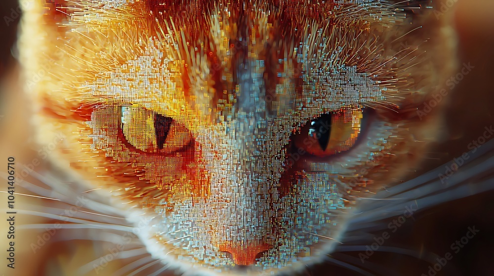 Aufkleber A mesmerizing feline with pixelated eyes transitioning through scenes blending reality with digital artistry