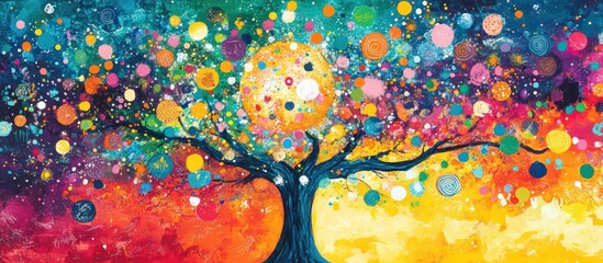 A colorful abstract painting of a tree with a rainbow of dots and a sun in the background.