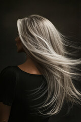 A middle-aged Caucasian female model, viewed from the rear, with sleek, shiny straight hair flowing freely in motion. The shine of her hair catches the light as she moves, creating a sense of vitality