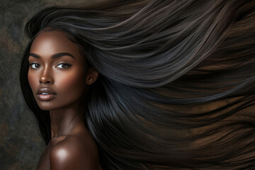 Obraz premium A senior African American female model with long, straight, shiny hair flowing gracefully behind her as she moves. The smooth texture of her hair captures the light, adding brilliance to the scene.