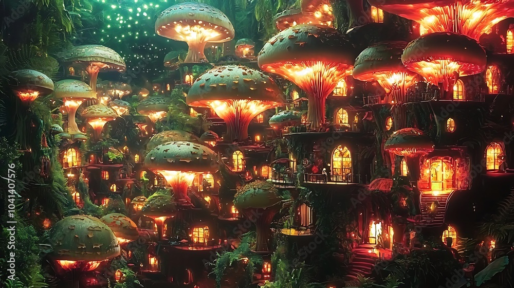 Poster Exploring the enchanting subterranean metropolis illuminated by bioluminescent fungi and lush flora in a breathtaking fantasy landscape
