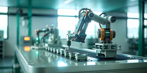 Macro Close Up AI Integrated Production Machinery Manufacturing Facility AI Technology Industrial Equipment Copy Space Photo Stock Concept