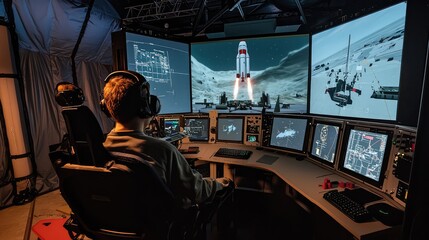 Obraz premium Advanced Rocket Simulation Room with Computer System