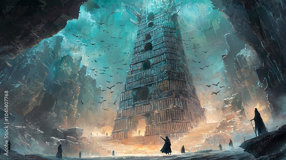 Poster A tower of enchantment the mystical library of magical tomes guarded by spectral entities in an ethereal realm