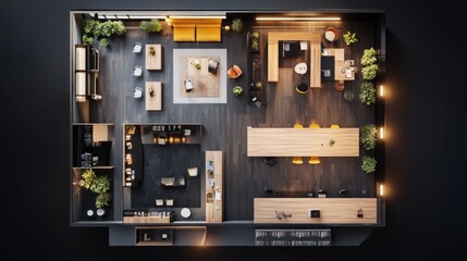 Top-down view of a modern office space with desks, chairs, plants, and a coffee bar.