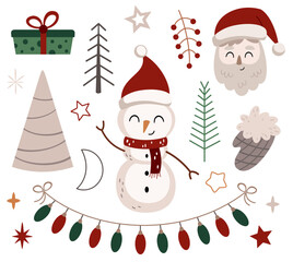 Christmas clipart set. Cute festive characters and object for Christmas designs. Vector illustration in flat style
