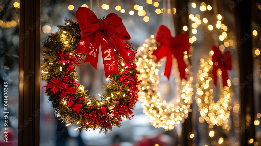 Aufkleber holiday wreaths hanging in front of store entrances with sale signs visible through the windows stoc