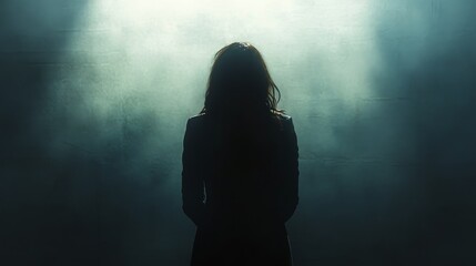 A woman stands in a dark room with a foggy atmosphere