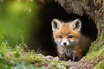 Naklejka premium Curious fox kit exploring its den entrance. 