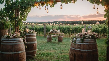 Obraz premium Romantic Sunset Vineyard Wedding Setup