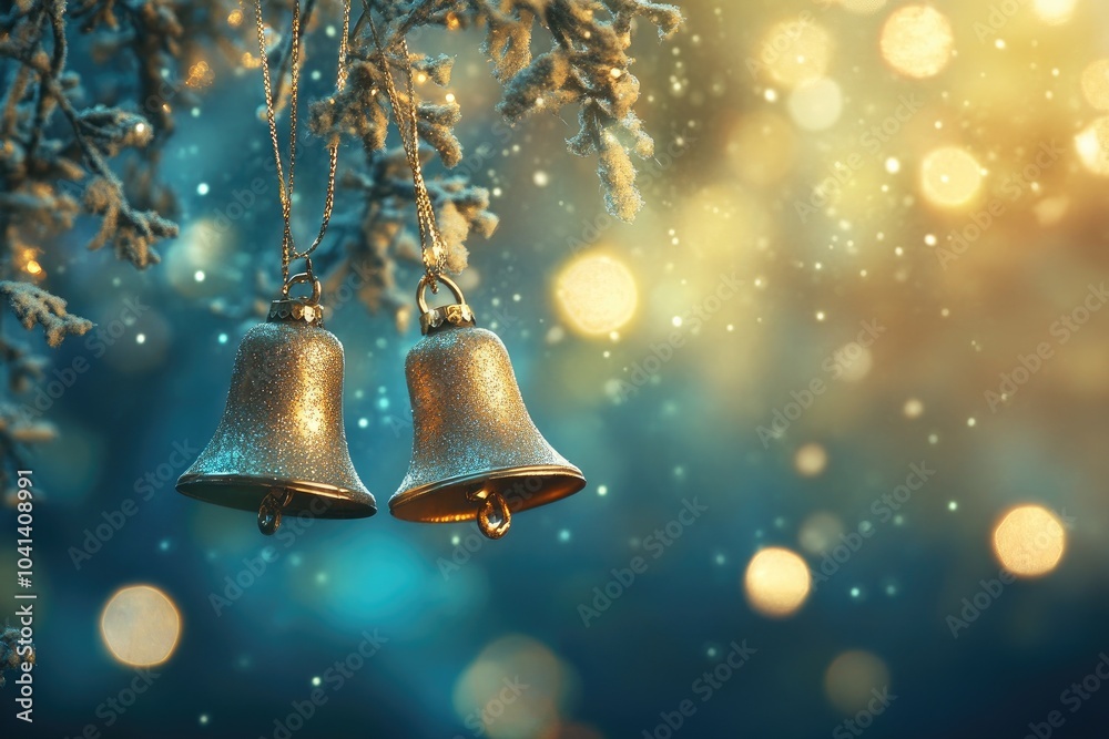 Wall mural Two Glittery Gold Bells Hanging From a Snowy Branch