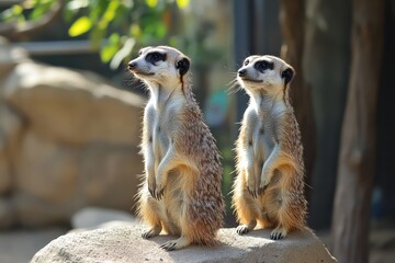 Fototapeta premium Curious meerkats standing watch in the desert landscape.
