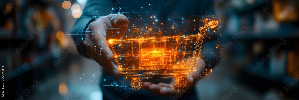 Leinwandbilder futuristic digital technology and finance concept with a glowing illuminated shopping cart or trolle
