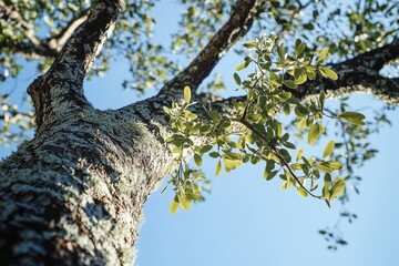 Fototapeta premium A Low Angle View of a Tree Trunk and Branch with Green Leaves Against a Blue Sky